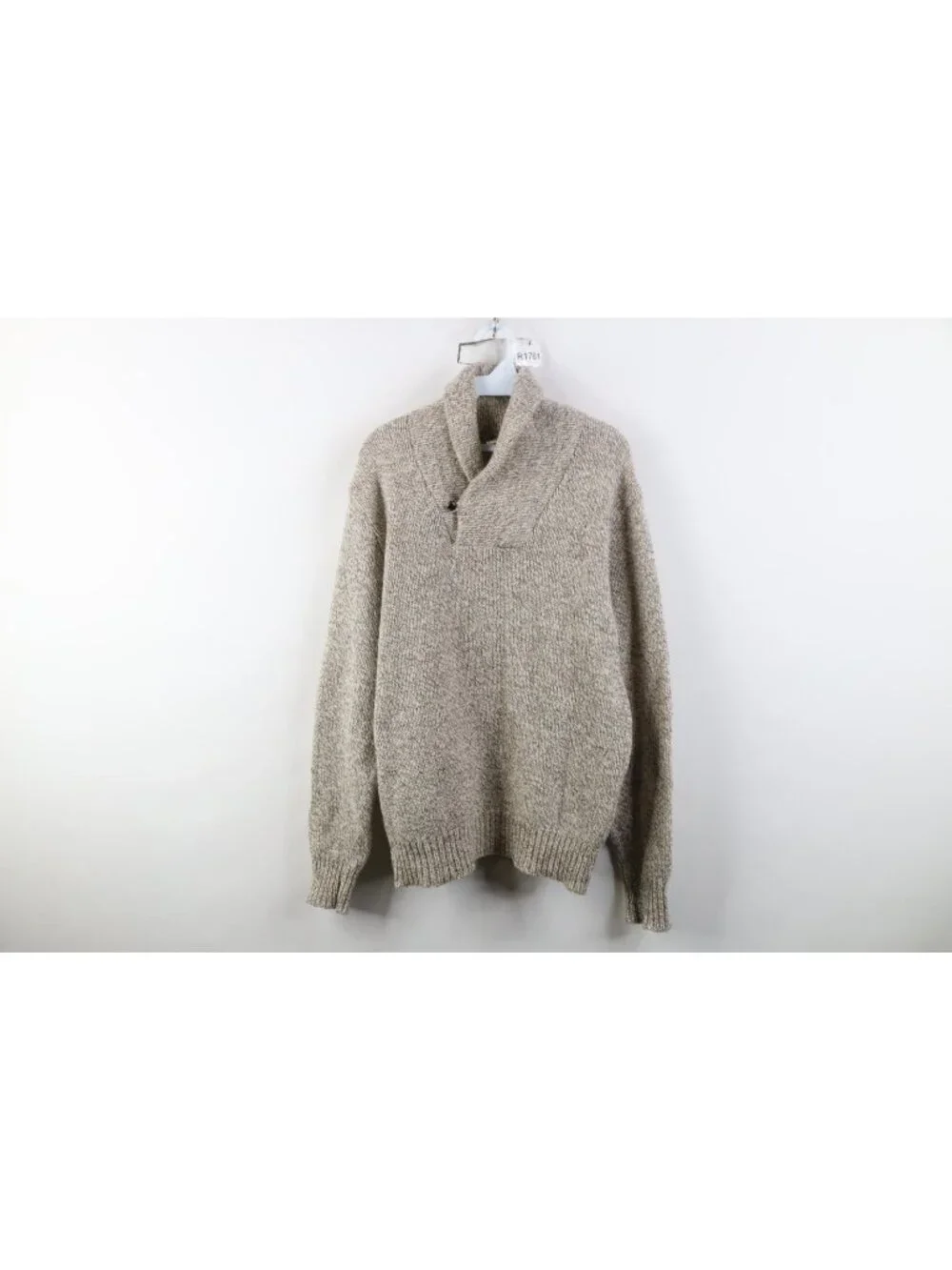 Vintage 70s LL Bean Mens Medium Blank Wool Blend Knit Shawl Sweater Beige USA